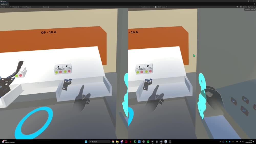 Captura de la formación VR para GEDIA, vista del puesto de trabajo con panel OK/NOK